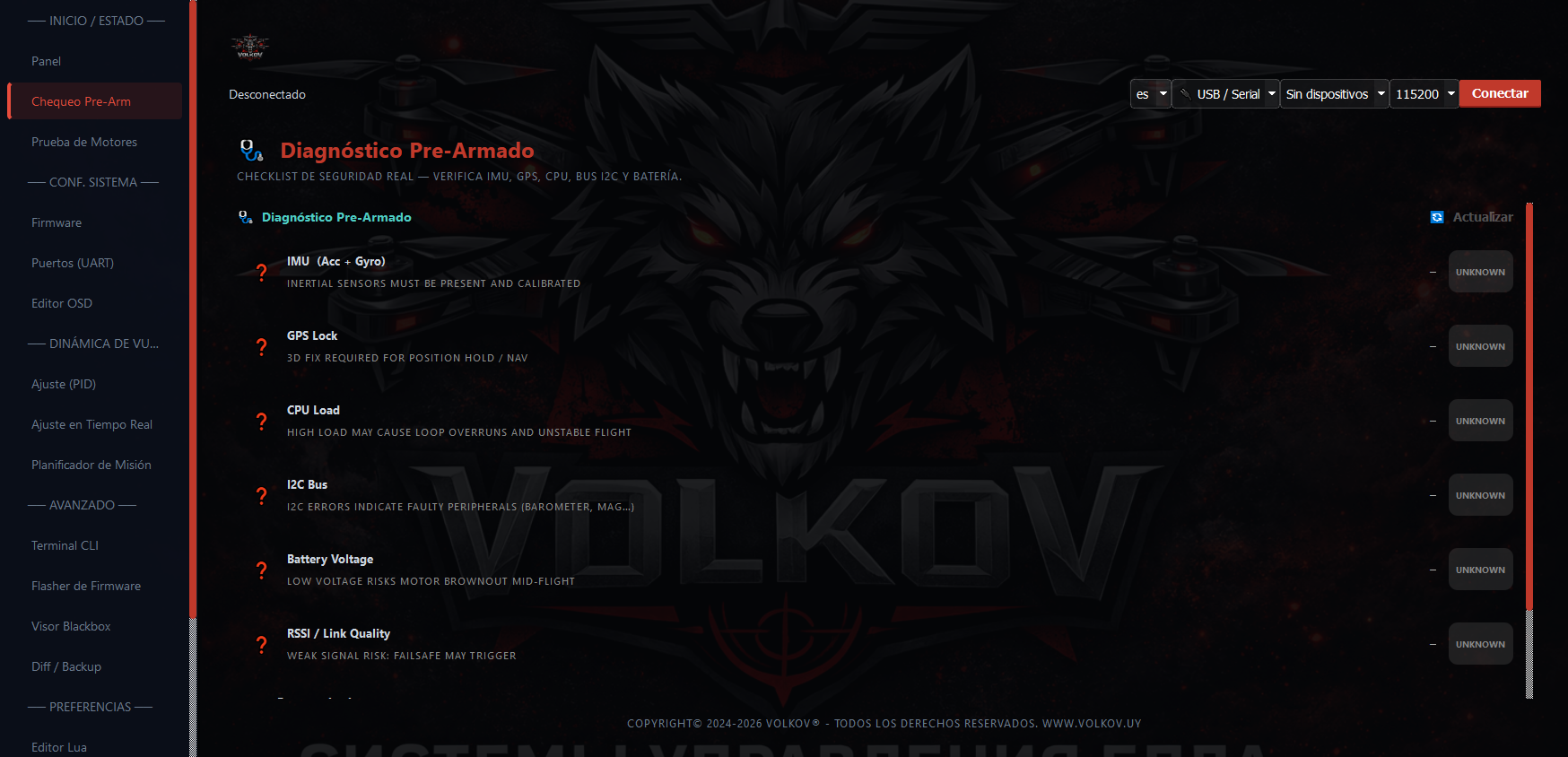 Chequeo Pre-Arm — Volkov UAV